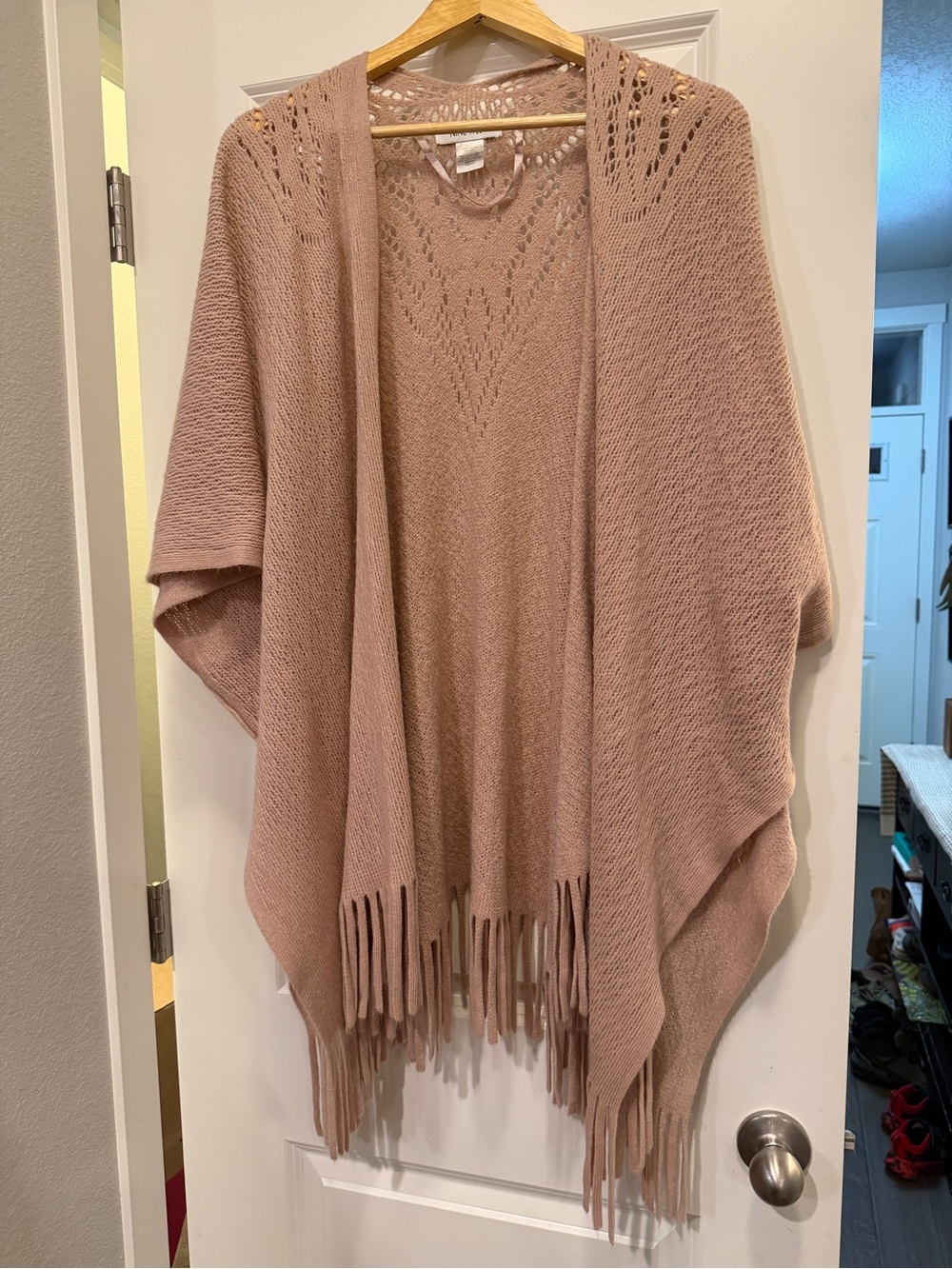 Nine West Open Knit Fringe Poncho - Rose Taupe